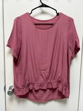 Dusty Pink Flowy Blouse Smocked Elastic High Low Hem Short Sleeve Top Mauve S
